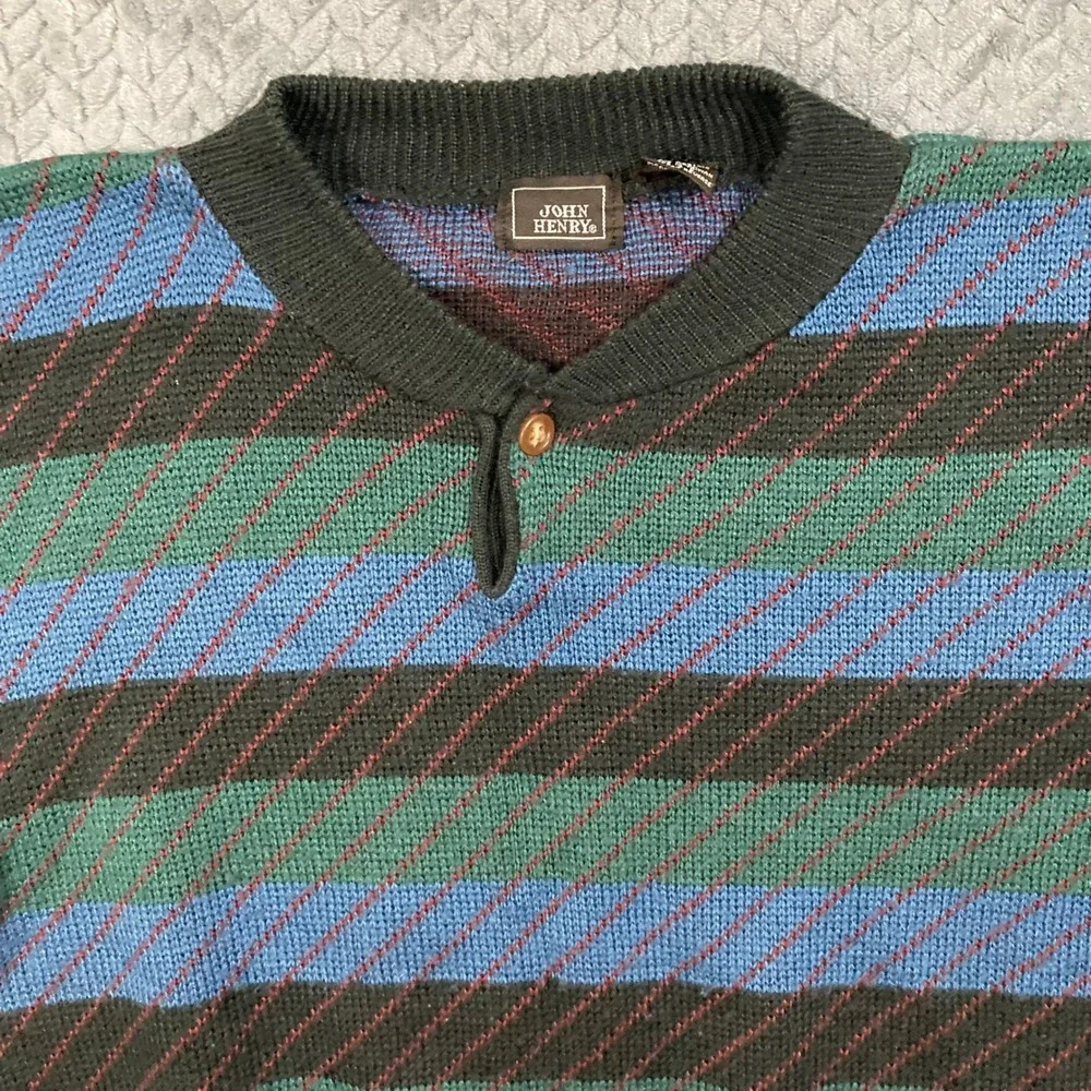 John Henry Sweater Mens L Vintage Henley Striped Multi-Color Button-Down